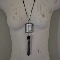 SOLD TO J RARE Large Step Faceted Original Nippon Rock Crystal Pendant with Antique Sterling & Onyx Chain & Tassel