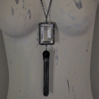 SOLD TO J RARE Large Step Faceted Original Nippon Rock Crystal Pendant with Antique Sterling & Onyx Chain & Tassel