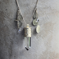 You will Find your Way Necklace with Capped Water Clear Rock Quartz Point, Antique French Medals, Antique French Crucifix and Foxtail Chain