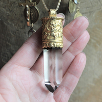 You will Find your Way Necklace with Capped Water Clear Rock Quartz Point, Antique French Medals, Antique French Crucifix and Foxtail Chain