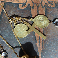 You will Find your Way Necklace with Capped Water Clear Rock Quartz Point, Antique French Medals, Antique French Crucifix and Foxtail Chain