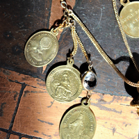 You will Find your Way Necklace with Capped Water Clear Rock Quartz Point, Antique French Medals, Antique French Crucifix and Foxtail Chain