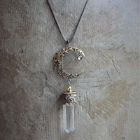 Like the Universe Necklace with Antique Cut Steel Crescent Moon Finding, Water Clear Capped Quartz Point, Antique Foxtail Chain