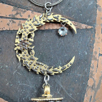 Like the Universe Necklace with Antique Cut Steel Crescent Moon Finding, Water Clear Capped Quartz Point, Antique Foxtail Chain