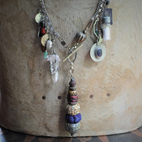 The Artifacts of Life Necklace with Multiple Unique Findings,Artisan Bead Cairn,Turquoise and Garnet Stones,Prayer Vessel,Rock Quartz Point