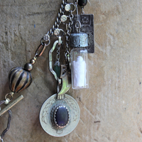 The Artifacts of Life Necklace with Multiple Unique Findings,Artisan Bead Cairn,Turquoise and Garnet Stones,Prayer Vessel,Rock Quartz Point