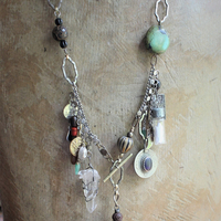 The Artifacts of Life Necklace with Multiple Unique Findings,Artisan Bead Cairn,Turquoise and Garnet Stones,Prayer Vessel,Rock Quartz Point