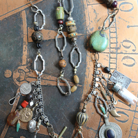 The Artifacts of Life Necklace with Multiple Unique Findings,Artisan Bead Cairn,Turquoise and Garnet Stones,Prayer Vessel,Rock Quartz Point