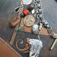 The Artifacts of Life Necklace with Multiple Unique Findings,Artisan Bead Cairn,Turquoise and Garnet Stones,Prayer Vessel,Rock Quartz Point