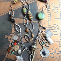 The Artifacts of Life Necklace with Multiple Unique Findings,Artisan Bead Cairn,Turquoise and Garnet Stones,Prayer Vessel,Rock Quartz Point