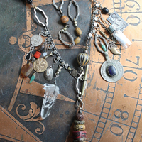 The Artifacts of Life Necklace with Multiple Unique Findings,Artisan Bead Cairn,Turquoise and Garnet Stones,Prayer Vessel,Rock Quartz Point