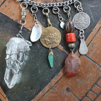 The Artifacts of Life Necklace with Multiple Unique Findings,Artisan Bead Cairn,Turquoise and Garnet Stones,Prayer Vessel,Rock Quartz Point