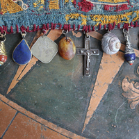 SOLD to L Wide Antique Lambani Textile Cuff with Assorted Antique Medals, Crosses and Drops