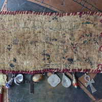 SOLD to L Wide Antique Lambani Textile Cuff with Assorted Antique Medals, Crosses and Drops
