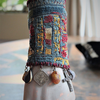 Wide Antique Lambani Textile Cuff with Assorted Antique Medals, Crosses and Drops