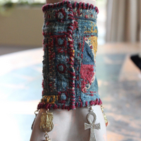 Wide Antique Lambani Textile Cuff with Assorted Antique Medals, Crosses and Drops