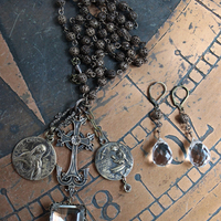 In the Name of the Father Necklace and Earring Set with Antique Bronze Medals, Cross & Unique Bronze Mesh Bezel Set Faceted Rock Crystal 