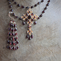 Vintage Siman Tu  Faceted Garnet Cross & Chain Necklace and Earring Set 