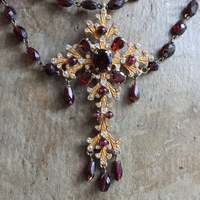 Vintage Siman Tu  Faceted Garnet Cross & Chain Necklace and Earring Set 