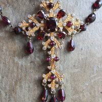 Vintage Siman Tu  Faceted Garnet Cross & Chain Necklace and Earring Set 