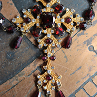 Vintage Siman Tu  Faceted Garnet Cross & Chain Necklace and Earring Set 