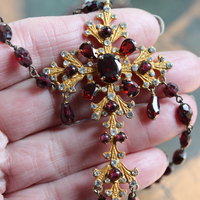 Vintage Siman Tu  Faceted Garnet Cross & Chain Necklace and Earring Set 