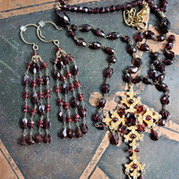 Vintage Siman Tu  Faceted Garnet Cross & Chain Necklace and Earring Set 