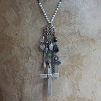 One Heart One Soul Necklace with Antique Engraved Cor Unum Anima Una Heart & Cross,Hand Knotted Moonstone & Agate Chain,Watermelon Toumaline & More!