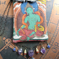 Antique Hand Painted Leather Buddhist Thangka Crossbody Pouch with Beveled Glass Cosmos Finding, Amethyst, Lapis and Carnelian Drops & Antique Chain
