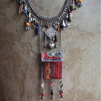 She Chooses Wisely Necklace with Small Antique Lambani Textile Pouch and Dozens of Antique & Vintage Drops, Medals and Findings