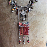 She Chooses Wisely Necklace with Small Antique Lambani Textile Pouch and Dozens of Antique & Vintage Drops, Medals and Findings