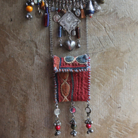 She Chooses Wisely Necklace with Small Antique Lambani Textile Pouch and Dozens of Antique & Vintage Drops, Medals and Findings