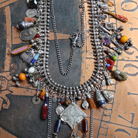 She Chooses Wisely Necklace with Small Antique Lambani Textile Pouch and Dozens of Antique & Vintage Drops, Medals and Findings