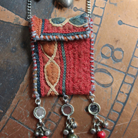 She Chooses Wisely Necklace with Small Antique Lambani Textile Pouch and Dozens of Antique & Vintage Drops, Medals and Findings