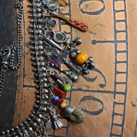 She Chooses Wisely Necklace with Small Antique Lambani Textile Pouch and Dozens of Antique & Vintage Drops, Medals and Findings