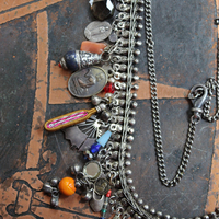 She Chooses Wisely Necklace with Small Antique Lambani Textile Pouch and Dozens of Antique & Vintage Drops, Medals and Findings