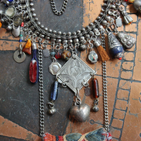 She Chooses Wisely Necklace with Small Antique Lambani Textile Pouch and Dozens of Antique & Vintage Drops, Medals and Findings