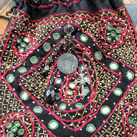 Vintage Banjara Gypsy Drawstring Bag with Goddess Medal, Antique & Vintage Chain Strap with Faceted Gemstones, Inset Mirrors, Embroidery and More!