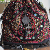 Vintage Banjara Gypsy Drawstring Bag with Goddess Medal, Antique & Vintage Chain Strap with Faceted Gemstones, Inset Mirrors, Embroidery and More!