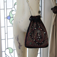 Vintage Banjara Gypsy Drawstring Bag with Goddess Medal, Antique & Vintage Chain Strap with Faceted Gemstones, Inset Mirrors, Embroidery and More!