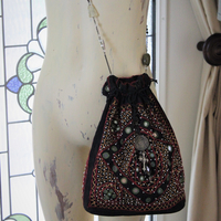 Vintage Banjara Gypsy Drawstring Bag with Goddess Medal, Antique & Vintage Chain Strap with Faceted Gemstones, Inset Mirrors, Embroidery and More!