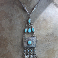 Let the Heart Sing Necklace with Unique Kuchi Gypsy Prayer Box Pendant, Turquoise Cabochons, Antique Sterling Foxtail Chain