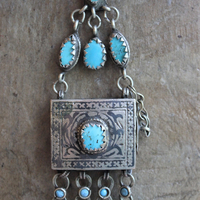 Let the Heart Sing Necklace with Unique Kuchi Gypsy Prayer Box Pendant, Turquoise Cabochons, Antique Sterling Foxtail Chain