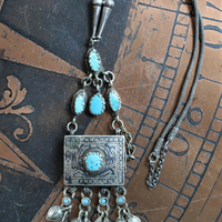 Let the Heart Sing Necklace with Unique Kuchi Gypsy Prayer Box Pendant, Turquoise Cabochons, Antique Sterling Foxtail Chain