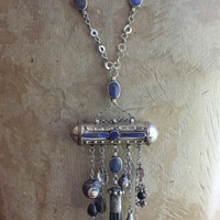 The Teaching of my Soul Necklace with Silver & Lapis Lazuli Blessing Scroll Pendant, Multiple Drops & Dangles, Unique Leather Tassel & Ties