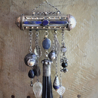 The Teaching of my Soul Necklace with Silver & Lapis Lazuli Blessing Scroll Pendant, Multiple Drops & Dangles, Unique Leather Tassel & Ties
