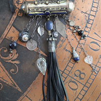 The Teaching of my Soul Necklace with Silver & Lapis Lazuli Blessing Scroll Pendant, Multiple Drops & Dangles, Unique Leather Tassel & Ties