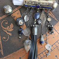 The Teaching of my Soul Necklace with Silver & Lapis Lazuli Blessing Scroll Pendant, Multiple Drops & Dangles, Unique Leather Tassel & Ties