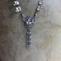 Antique Sterling Figural Swallow Bird Pendant with Antique Sterling Set Rock Crystals,Sterling Rock Crystal Chain & Tassel