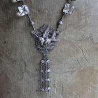 Antique Sterling Figural Swallow Bird Pendant with Antique Sterling Set Rock Crystals,Sterling Rock Crystal Chain & Tassel